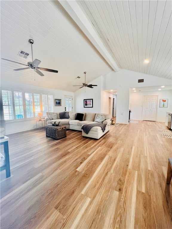 living room featuring lofted ceiling with beams, ceiling fan, and light hardwood / wood-style flooring