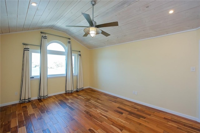 spare room featuring wooden ceiling, vaulted ceiling, and wood-type flooring