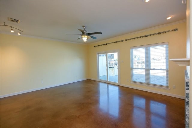 empty room with crown molding and ceiling fan