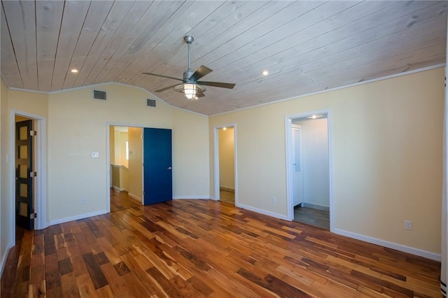 unfurnished bedroom with ceiling fan, dark hardwood / wood-style flooring, and wooden ceiling