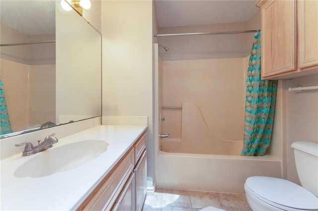 full bathroom featuring tile patterned flooring, vanity, shower / bath combination with curtain, and toilet