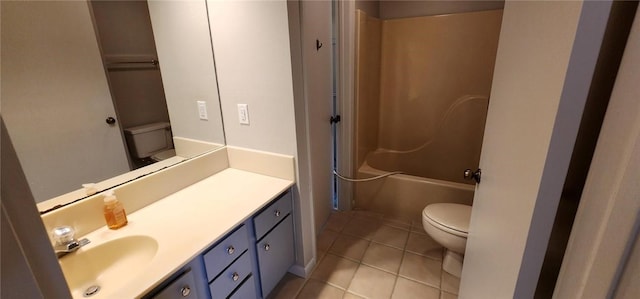 full bathroom with tile patterned floors, shower / bathing tub combination, vanity, and toilet