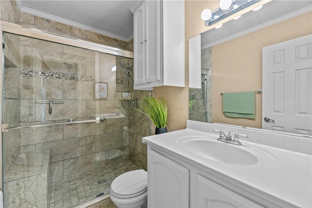 full bath featuring a shower stall, toilet, and ornamental molding