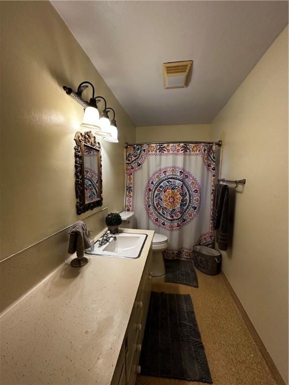 full bath with toilet, visible vents, and vanity