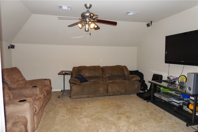 living room featuring ceiling fan, light colored carpet, and lofted ceiling