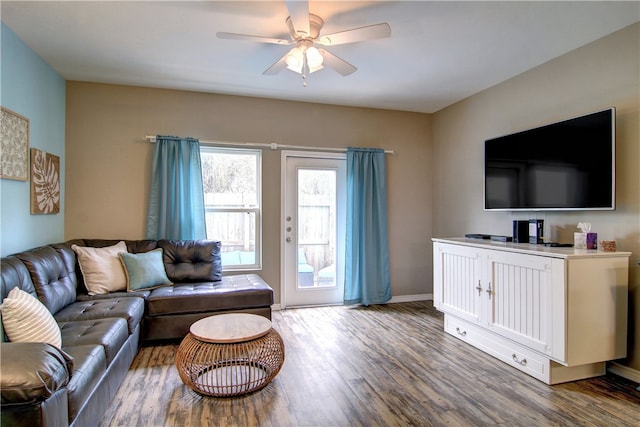 living room featuring ceiling fan and dark hardwood / wood-style flooring