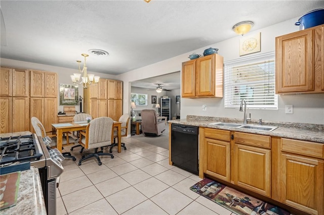 314 Inglewood, Ingleside, TX 78362 - kitchen featuring light tile patterned floors, visible vents, a sink, black dishwasher, and pendant lighting