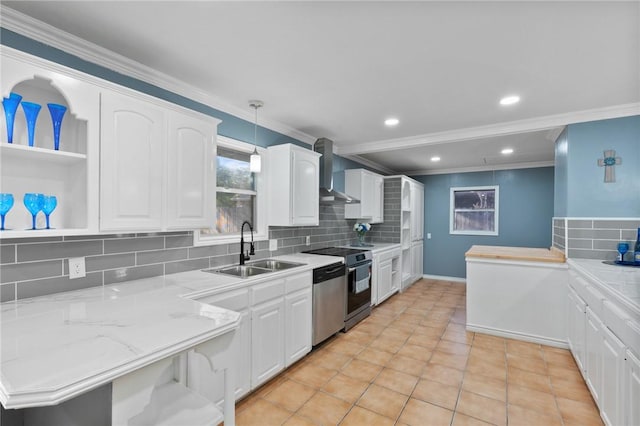 kitchen featuring a sink, stainless steel dishwasher, white cabinetry, wall chimney range hood, and stove