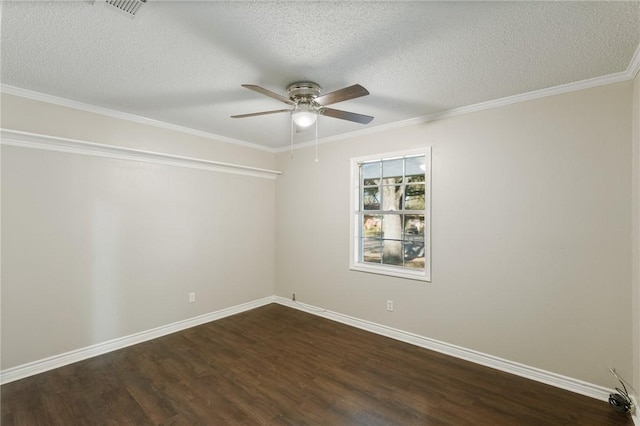 unfurnished room featuring dark wood finished floors, a ceiling fan, visible vents, and baseboards