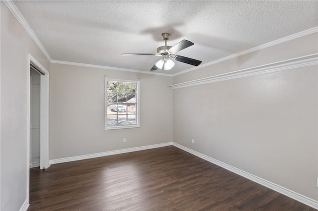 unfurnished bedroom with dark wood-type flooring, ornamental molding, and a textured ceiling