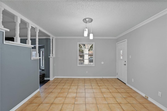 interior space with a textured ceiling, baseboards, and ornamental molding