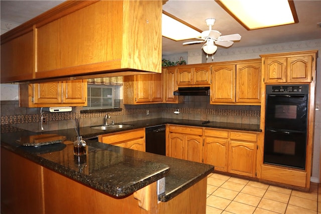 kitchen featuring black appliances, sink, ceiling fan, light tile patterned flooring, and kitchen peninsula