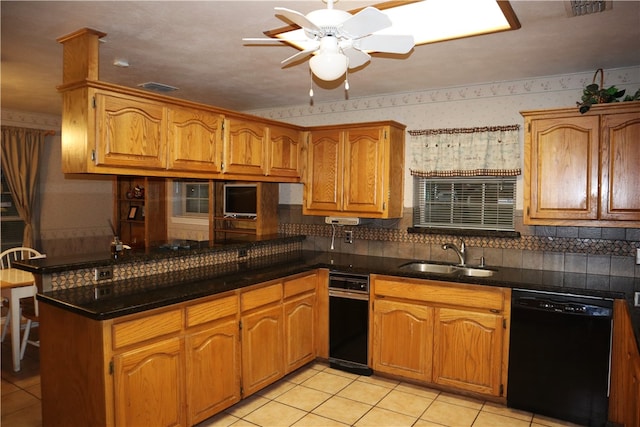 kitchen with ceiling fan, dishwasher, sink, kitchen peninsula, and light tile patterned floors