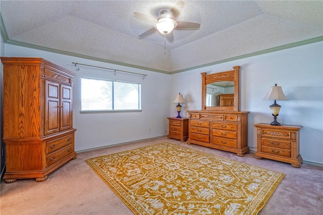 14613 Powell Dr, Corpus Christi, TX 78410 - bedroom featuring light carpet, a textured ceiling, lofted ceiling, and a ceiling fan