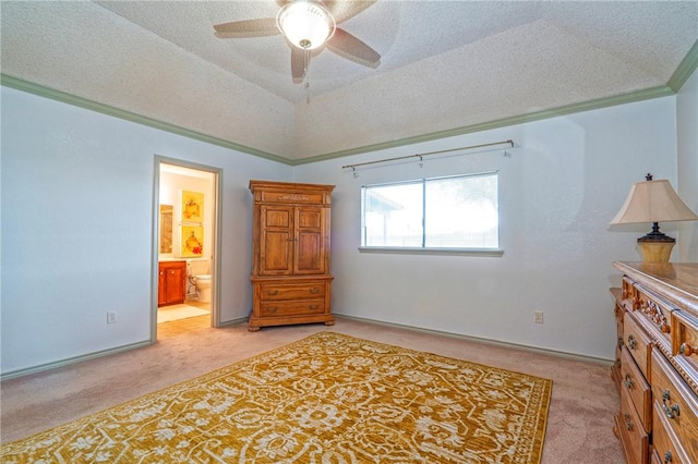 14613 Powell Dr, Corpus Christi, TX 78410 - bedroom with light colored carpet, ensuite bath, crown molding, and a ceiling fan