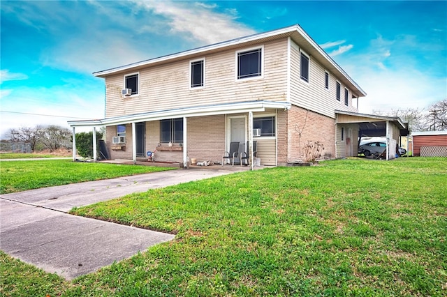 view of front of home featuring a front lawn, cooling unit, and covered porch