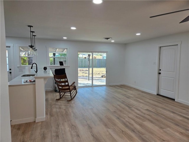 interior space with sink and light hardwood / wood-style floors