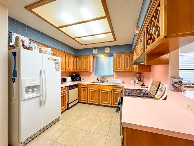 kitchen with light tile patterned flooring, white refrigerator with ice dispenser, sink, electric range, and stainless steel dishwasher