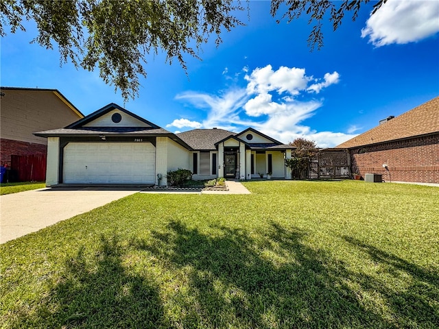 ranch-style house with a garage, central air condition unit, and a front lawn