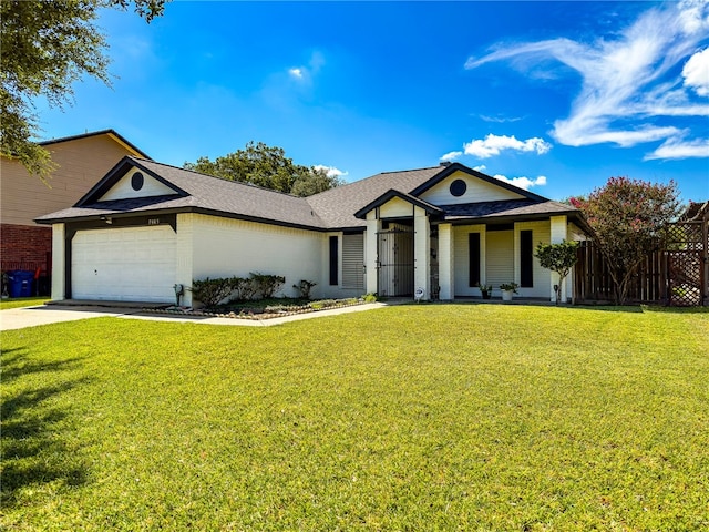 ranch-style home with a garage and a front yard