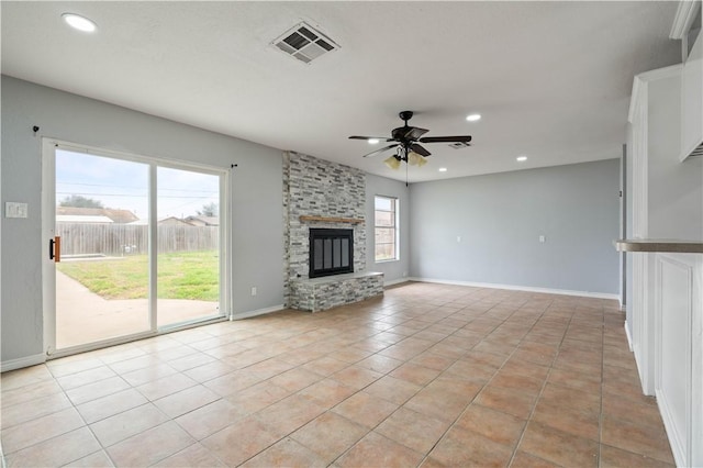 1318 W Cherrystone Dr, Corpus Christi, TX 78412 - unfurnished living room featuring a ceiling fan, light tile patterned floors, a fireplace, and recessed lighting
