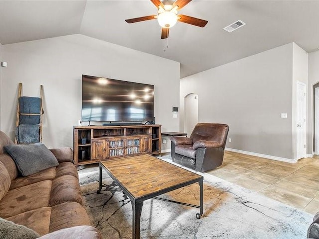 7717 Pruet Dr, Corpus Christi, TX 78414 - living area with ceiling fan, lofted ceiling, and arched walkways