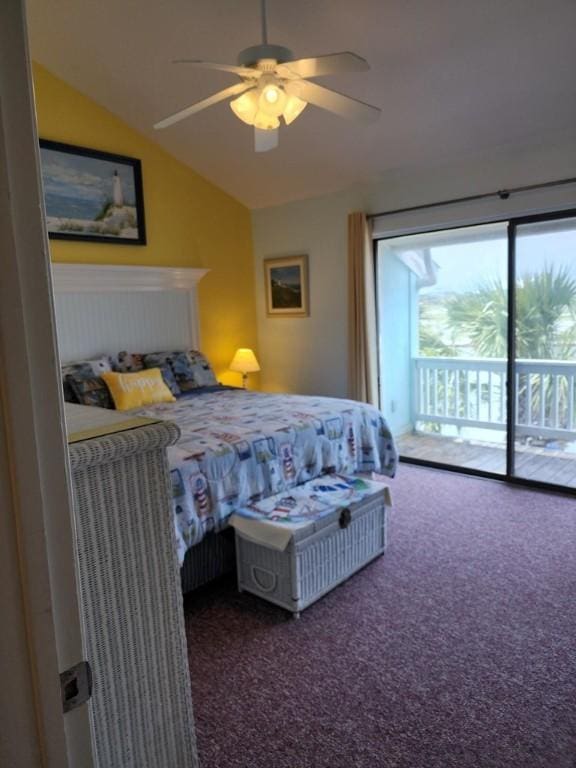2292 N Fulton Beach Rd, Rockport, TX 78382 - carpeted bedroom featuring access to exterior, lofted ceiling, and ceiling fan