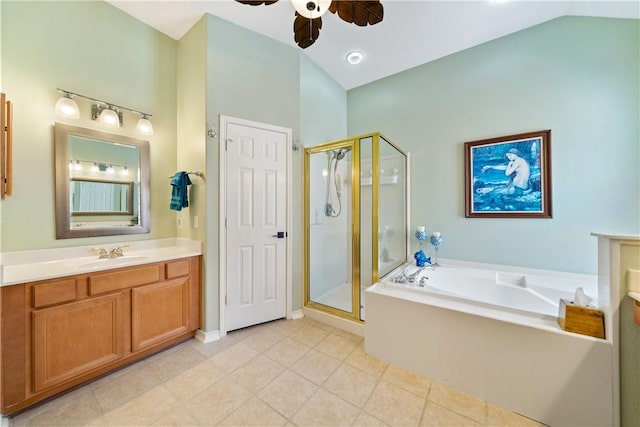 6217 Garden Ct, Corpus Christi, TX 78414 - full bath with a ceiling fan, a garden tub, a shower stall, vaulted ceiling, and tile patterned flooring