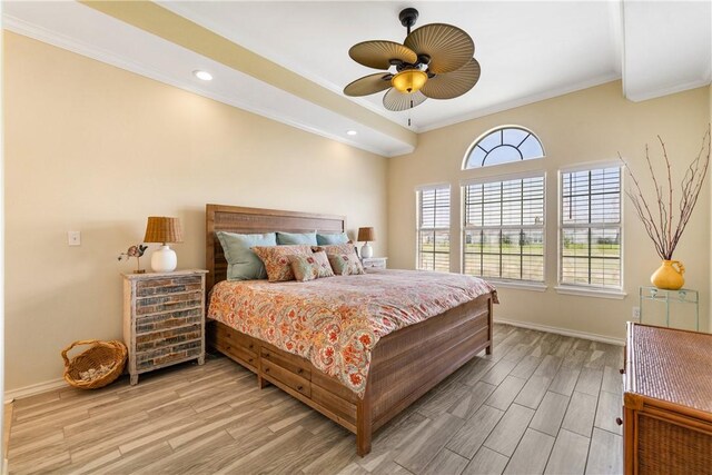 6217 Garden Ct, Corpus Christi, TX 78414 - bedroom with crown molding, light wood-style flooring, baseboards, ceiling fan, and recessed lighting