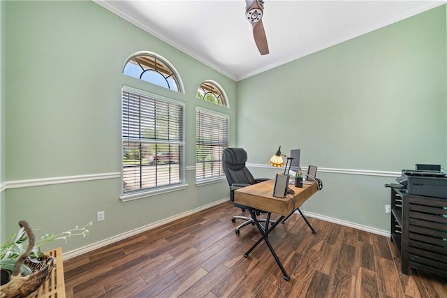 6217 Garden Ct, Corpus Christi, TX 78414 - home office featuring crown molding, healthy amount of natural light, a ceiling fan, and baseboards