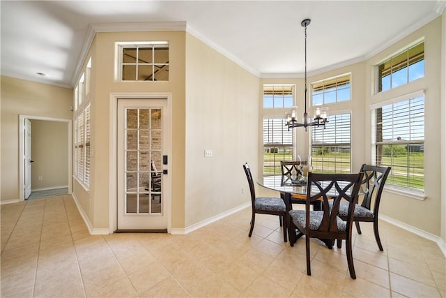6217 Garden Ct, Corpus Christi, TX 78414 - dining area featuring a chandelier, crown molding, baseboards, and light tile patterned flooring
