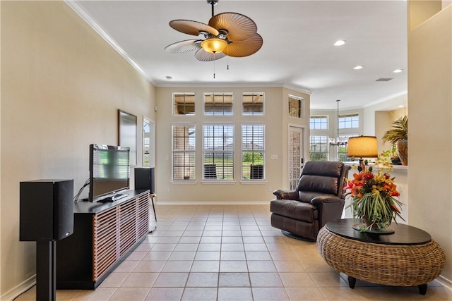 6217 Garden Ct, Corpus Christi, TX 78414 - living room featuring crown molding, ceiling fan, light tile patterned flooring, baseboards, and recessed lighting