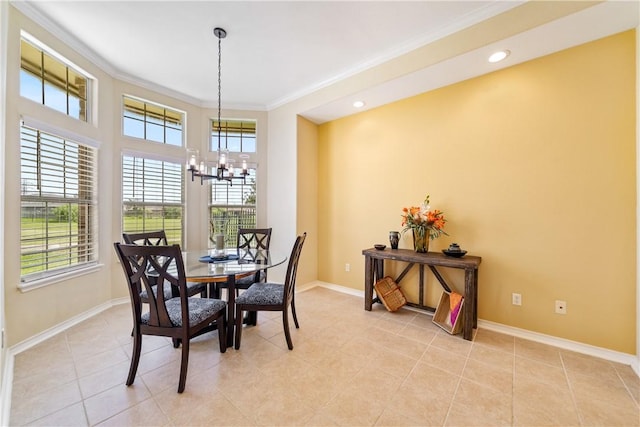 6217 Garden Ct, Corpus Christi, TX 78414 - dining room featuring crown molding, a chandelier, baseboards, light tile patterned floors, and recessed lighting
