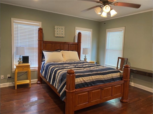 438 Indiana Ave, Corpus Christi, TX 78404 - bedroom featuring dark wood-style floors, baseboards, ornamental molding, and a ceiling fan