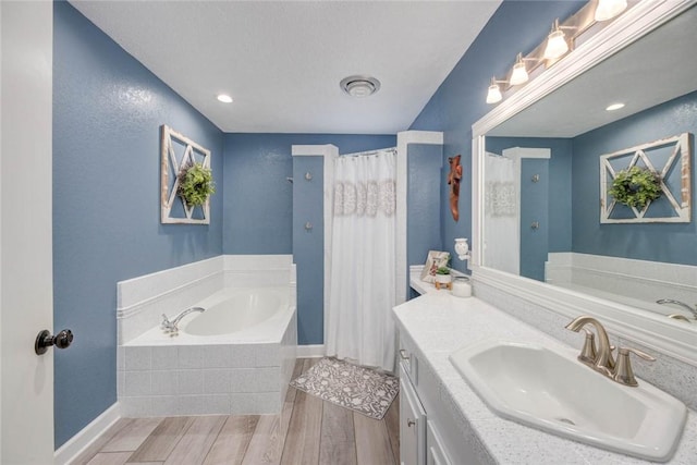 108 Lost Creek Dr, Portland, TX 78374 - bathroom featuring a bath, vanity, baseboards, wood finished floors, and a shower with curtain
