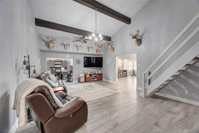 108 Lost Creek Dr, Portland, TX 78374 - living area with a chandelier, stairs, beam ceiling, high vaulted ceiling, and baseboards