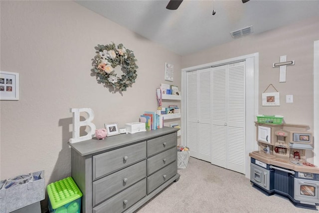 108 Lost Creek Dr, Portland, TX 78374 - bedroom with a closet, light carpet, and ceiling fan