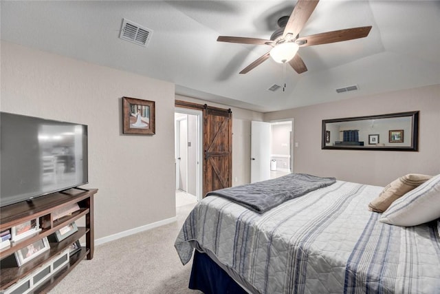 108 Lost Creek Dr, Portland, TX 78374 - bedroom featuring a barn door, carpet, baseboards, and a ceiling fan
