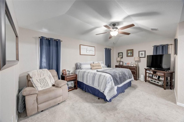 108 Lost Creek Dr, Portland, TX 78374 - bedroom with light colored carpet, lofted ceiling, and ceiling fan