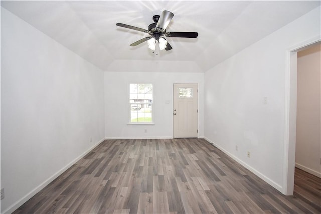 interior space featuring ceiling fan and dark hardwood / wood-style flooring