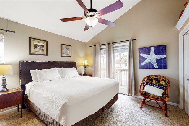 bedroom with ceiling fan, light carpet, and high vaulted ceiling