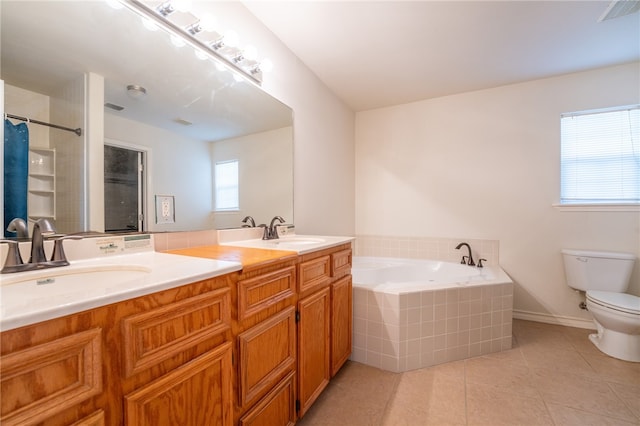 full bathroom featuring toilet, vanity, tile patterned floors, and plus walk in shower