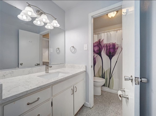 bathroom featuring a shower with curtain, vanity, and toilet