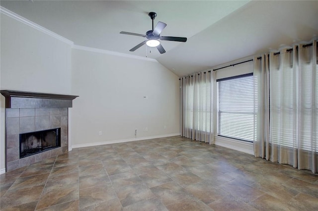 7505 Long S Dr, Corpus Christi, TX 78414 - unfurnished living room featuring a ceiling fan, vaulted ceiling, baseboards, a fireplace, and crown molding