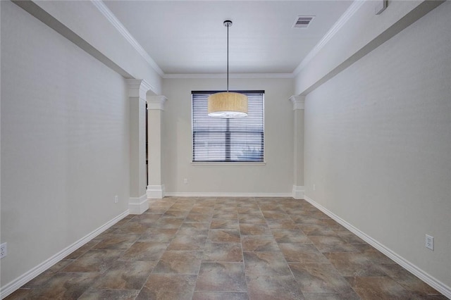 7505 Long S Dr, Corpus Christi, TX 78414 - unfurnished dining area featuring decorative columns, stone finish floors, ornamental molding, and baseboards