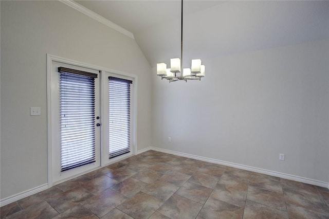 7505 Long S Dr, Corpus Christi, TX 78414 - unfurnished dining area with a chandelier, baseboards, vaulted ceiling, stone finish floors, and ornamental molding