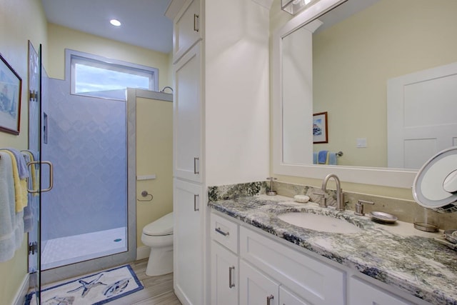 bathroom featuring toilet, a stall shower, and vanity