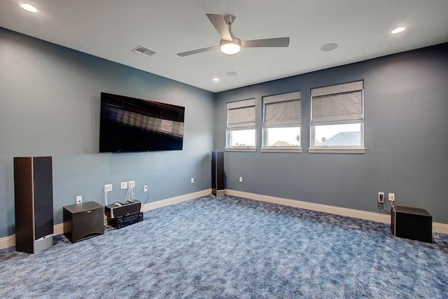 unfurnished living room with ceiling fan, recessed lighting, carpet floors, visible vents, and baseboards