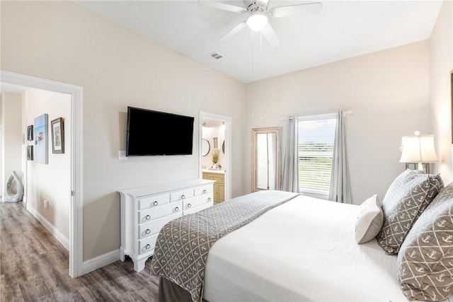 133 Barnacle Dr, Rockport, TX 78382 - bedroom with wood finished floors, visible vents, baseboards, ceiling fan, and connected bathroom