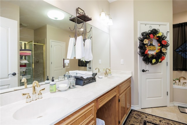 bathroom featuring vanity, tile patterned flooring, and plus walk in shower